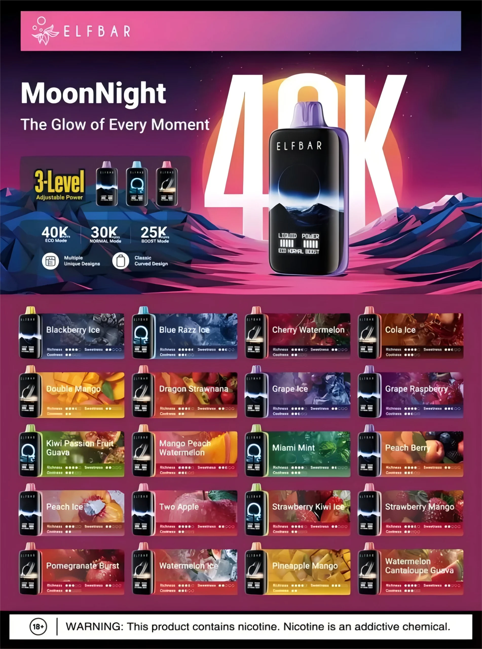 ELFBAR MoonNight 40000 Puffs 5% - full flavors and specifications overview