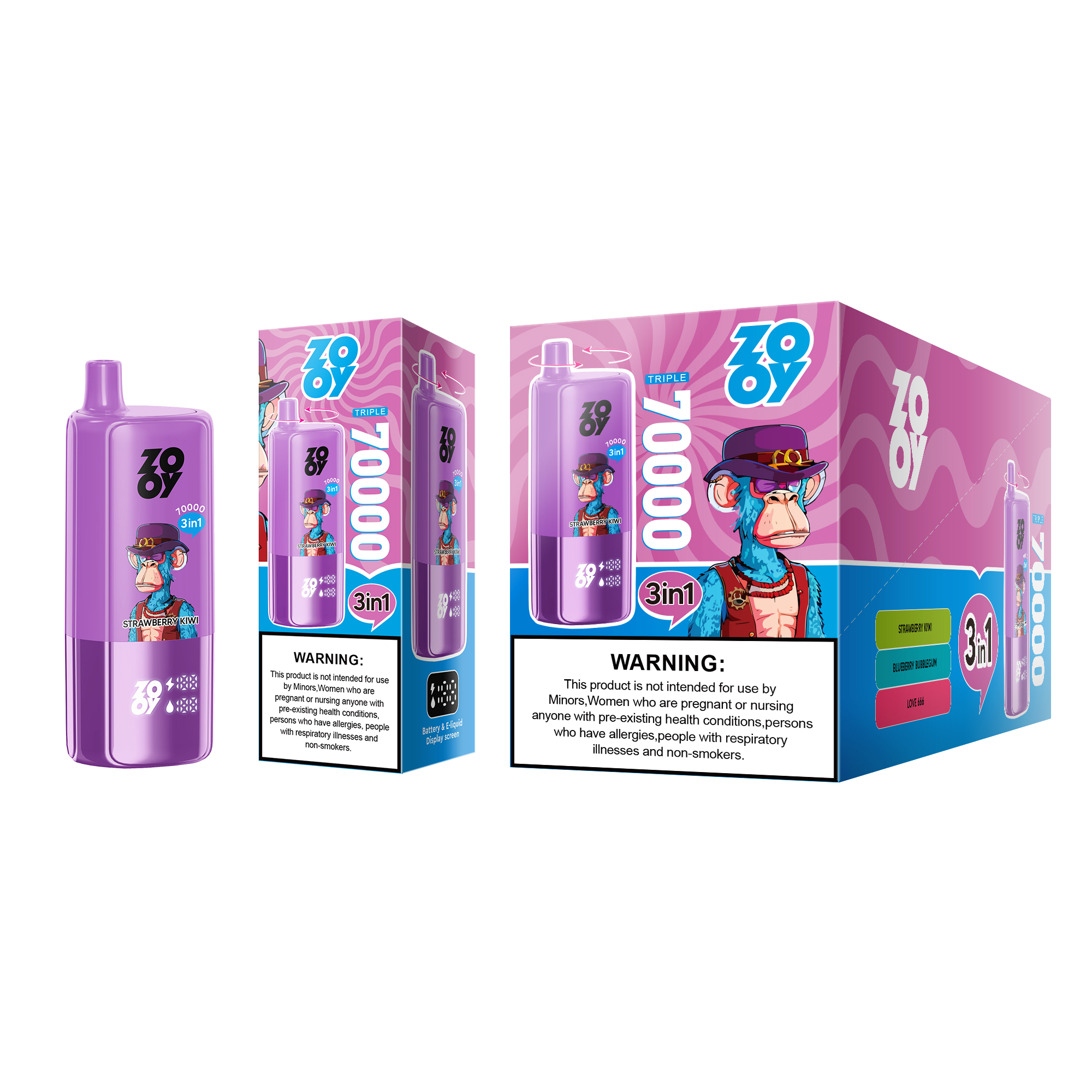 ZOOY TRIPLE 70K — Blueberry Bubblegum • Love 666 • Strawberry Kiwi device with box