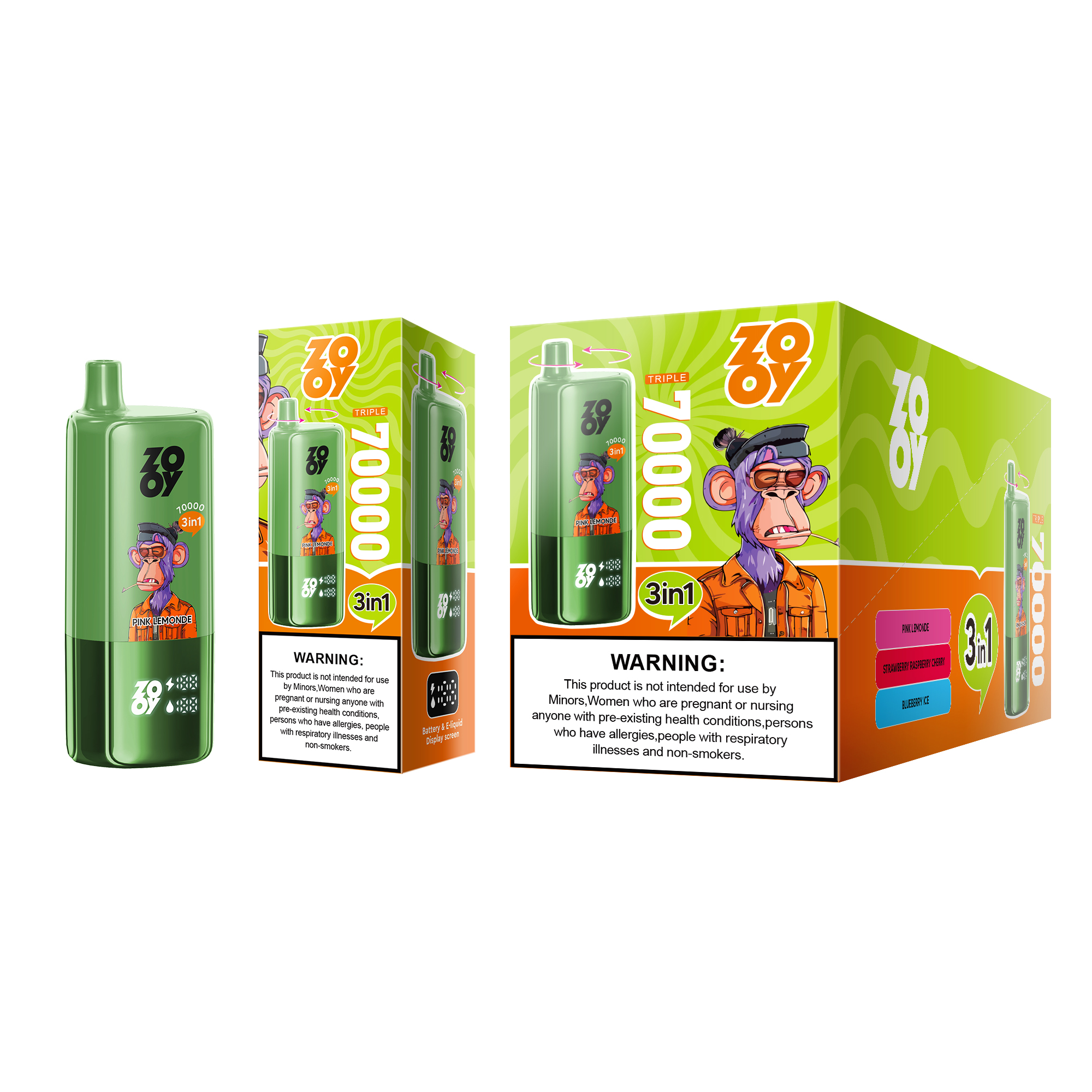 ZOOY TRIPLE 70K — Pink Lemonade • Strawberry Raspberry Cherry • Blueberry Ice device with box