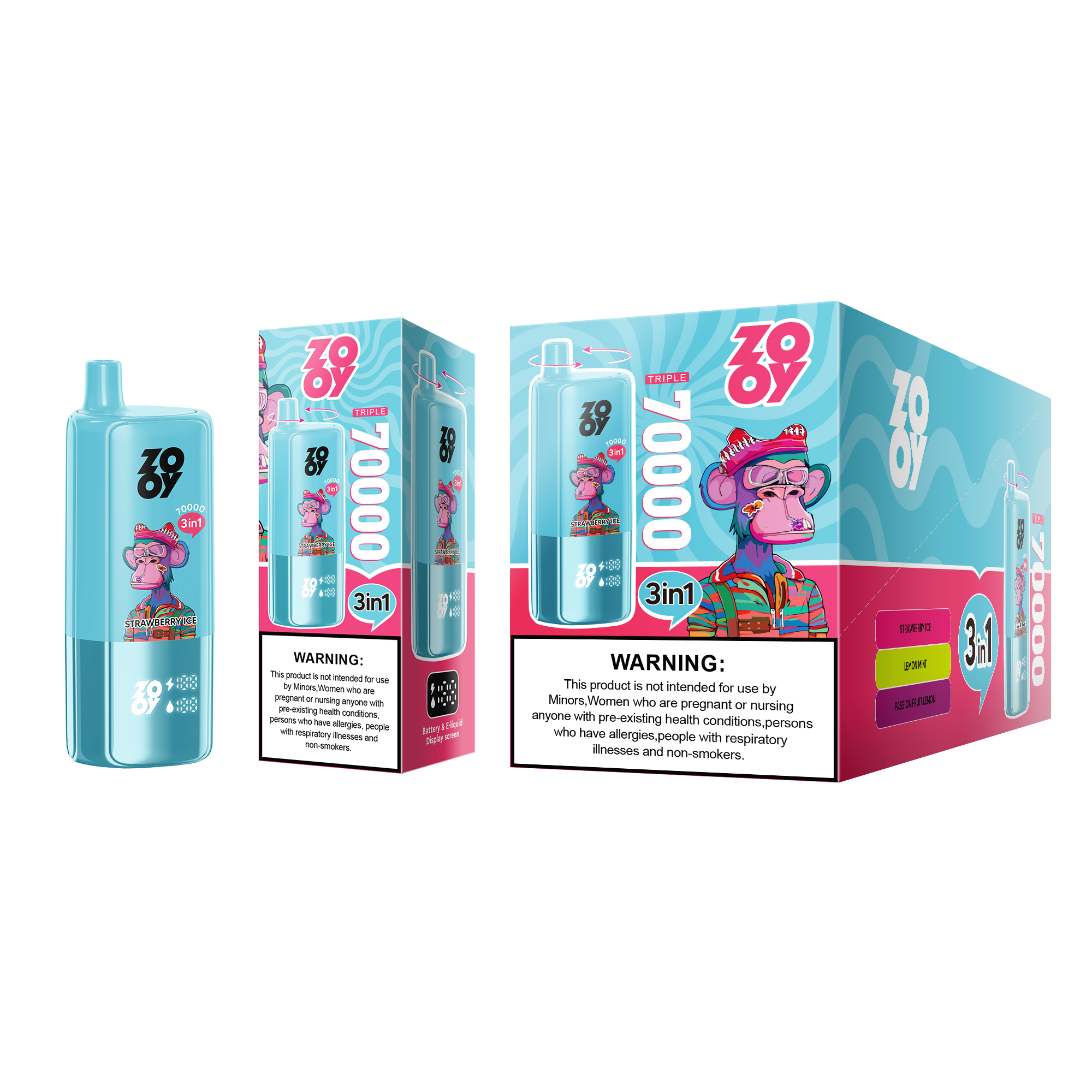 ZOOY TRIPLE 70K — Strawberry Ice • Lemon Mint • Passion Fruit Lemon device with box
