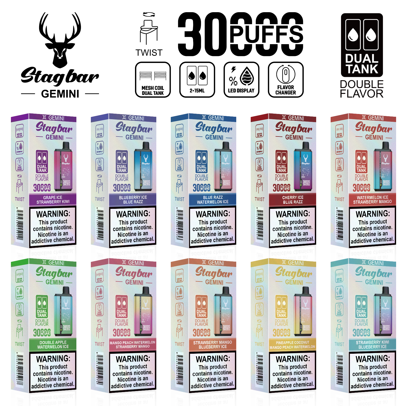 STAGBAR GEMINI 2 IN 1 30K — Dual Flavor Device & Retail Packaging