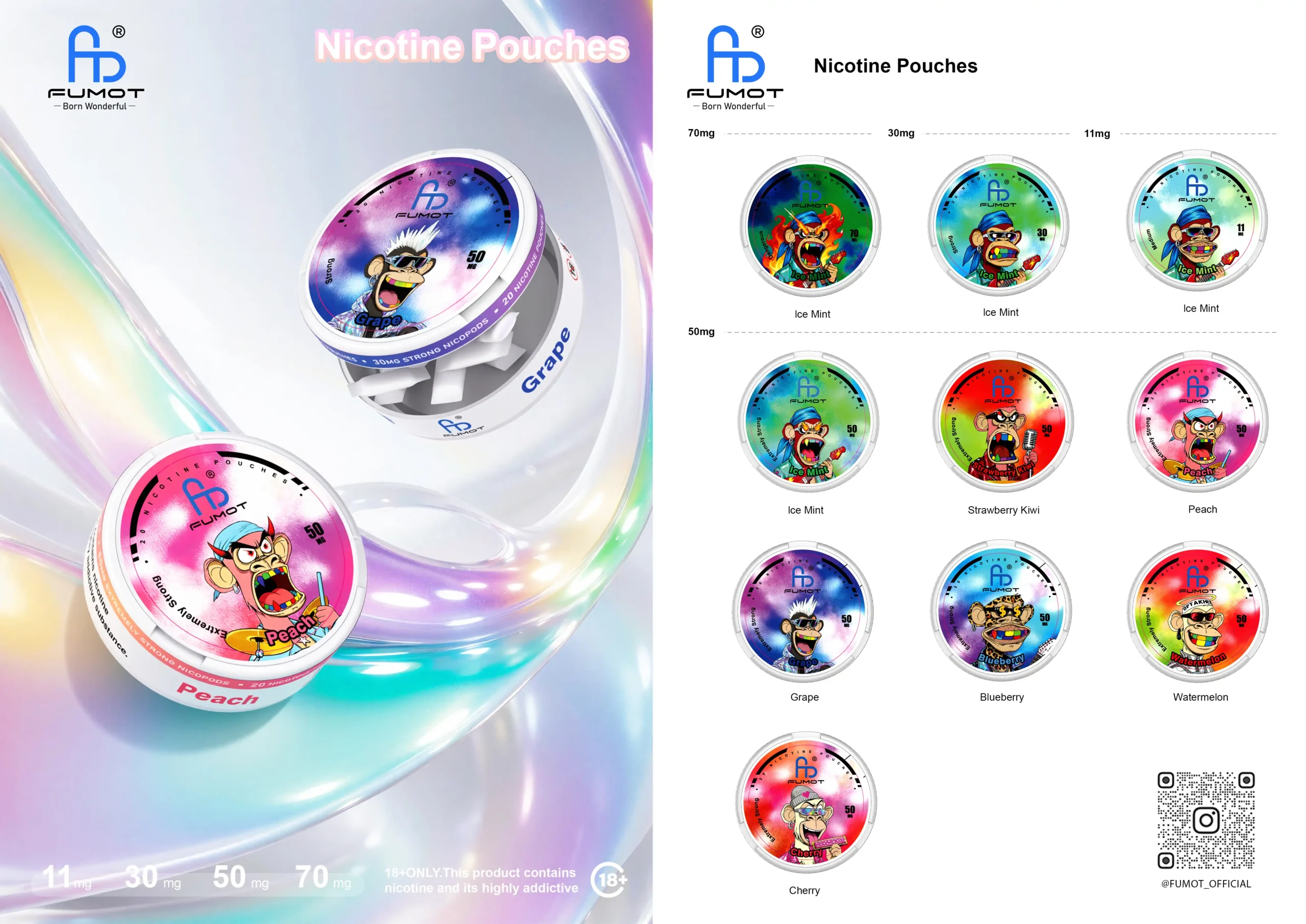 Fumot Snus Nicotine Pouches full product information and packaging preview with Ice Mint, Strawberry Kiwi, Peach, Grape, Blueberry, Watermelon and Cherry flavors